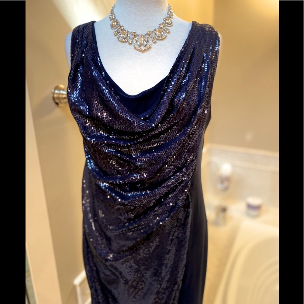NWT Badgley Mischka Navy Blue Sequin Fitted Cowl Neck Dress L